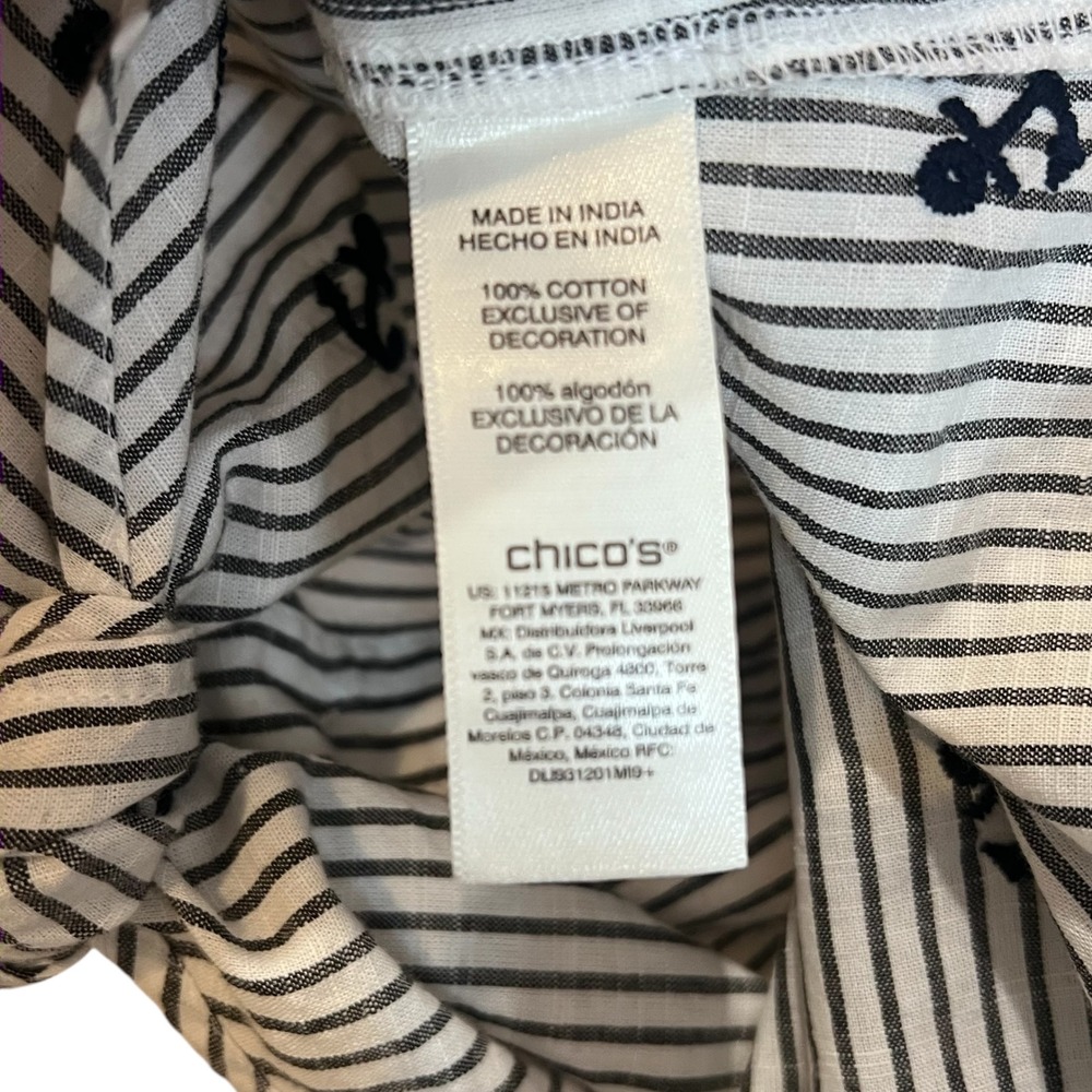 Chicos Blue White Striped Cotton Tie Front Shirt Embroidered Anchors Size 3 - Picture 3 of 4
